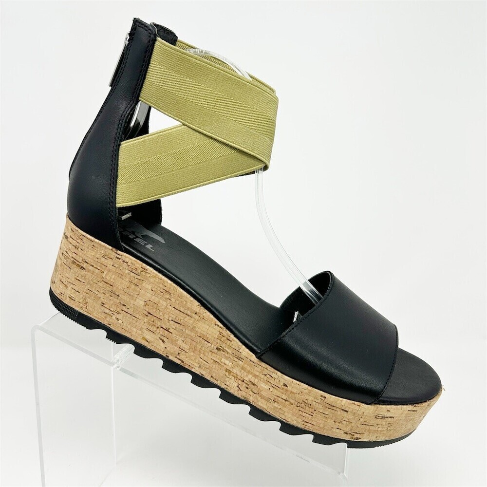 SOREL Platform Wedge Sandals Womens Black Cork Midsole Elastic Straps Size 11